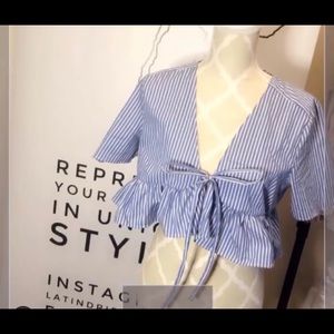Blue and white single ruffle crop top